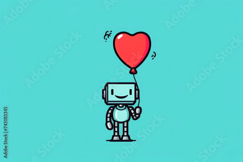 Friendly robot with a heart-shaped balloon evokes whimsy and technology on a serene teal backdrop. photo