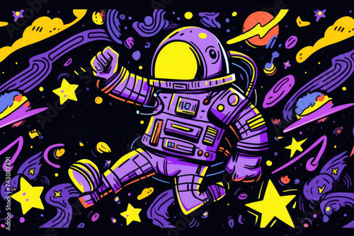 Lively digital with an astronaut floating joy among vibrant planets, stars and cosmic elements in a deep space backdrop.