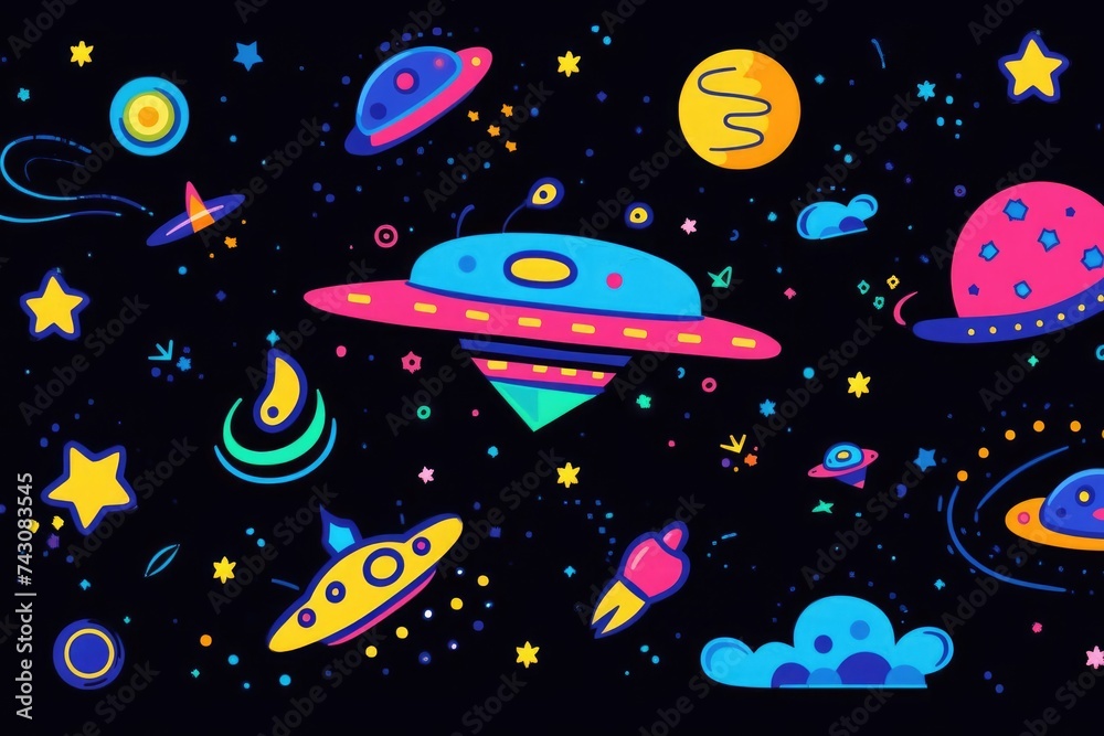 Whimsical cosmic scene with vibrant UFOs and planets against a star-filled space background, perfect for children's room decor.