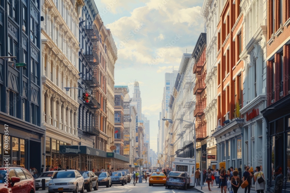 Bustling Broadway Street Scene in SoHo with Historic Architecture and Urban Activity, New York City - obrazy, fototapety, plakaty 