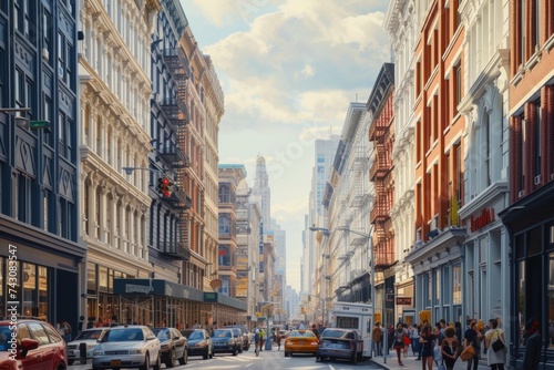 Bustling Broadway Street Scene in SoHo with Historic Architecture and Urban Activity, New York City photo