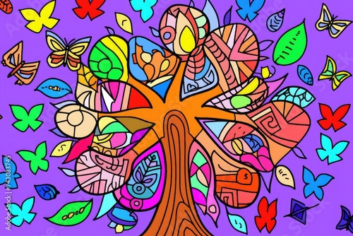 Vivid tree with intricate patterns  surrounded by colorful butterflies on a radiant purple background.