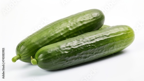 Three fresh cucumbers captured in a close-up realistic photo against a white background Generative AI