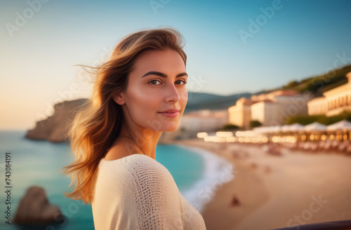 Young traveller girl enjoying view of popular touristic resort by the Sea