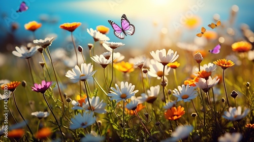 A butterfly flies in a meadow among flowers on a sunny day