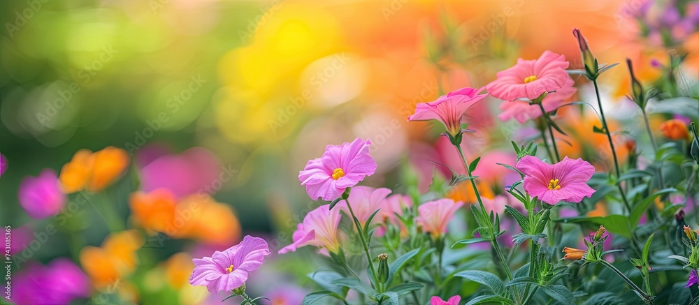 A bunch of vibrant pink wallflowers stand out in the lush green grass, adding a pop of color to the natural landscape. The flowers are in full bloom, showcasing their delicate petals under the sun.