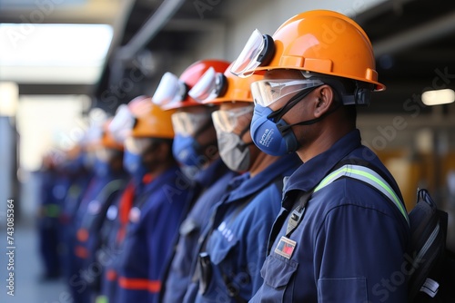 Workers in protective helmets and respirators lined up