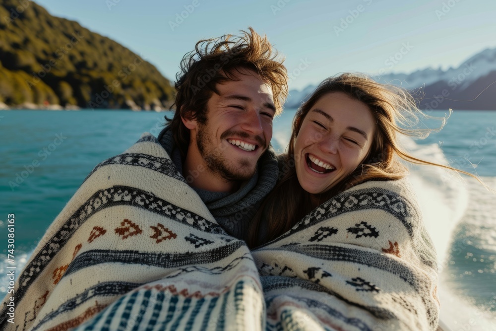 Joyful Couple Laughing on a Speedboat with Mountainous Backdrop on a Sunny Day Joyful Couple Laughing on a Speedboat with Mountainous Backdrop on a Sunny Day