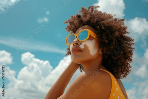 Young Woman Applying Sunscreen on Her Arm Against a Clear Sky Background
