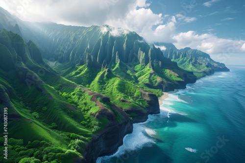 Majestic Aerial View of Na Pali Coastline with Lush Green Cliffs and Turquoise Ocean Waters on Kauai Island, Hawaii