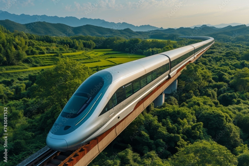 Aerial view of a high-speed train in lush countryside