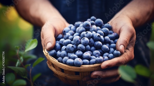 close-up of a man's hands holding a lot of blueberries, harvesting in the garden Generative AI © vadosloginov