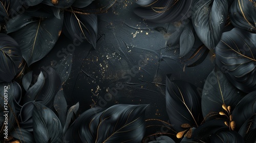 A striking black and gold background with various leaves scattered throughout, creating a visually appealing contrast