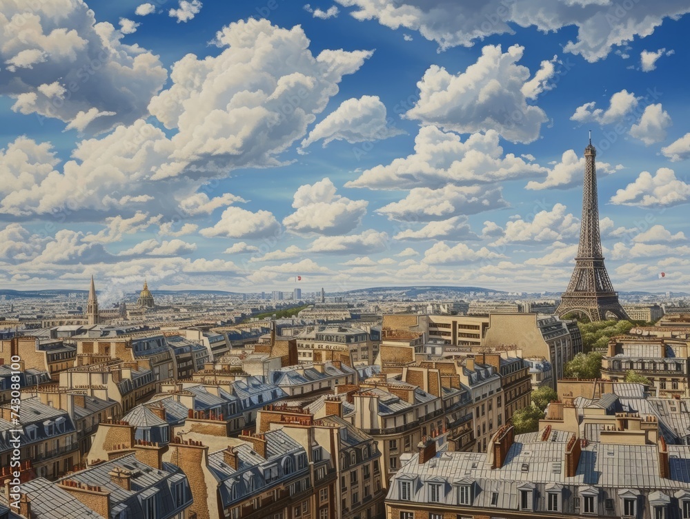 Aerial Cityscape View of Paris with the Eiffel Tower and Rooftops Under a Partly Cloudy Sky
