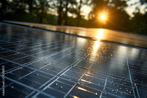 A detailed view of a solar panel capturing sunlight, with the sun shining in the background