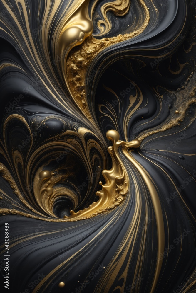 The image is a close-up of a swirling black and gold pattern with a gold orb at the center. The background is a black and gold abstract painting. The image is a close-up of a swirling black and gold pattern with a gold orb at the center. The background is a black and gold abstract painting.