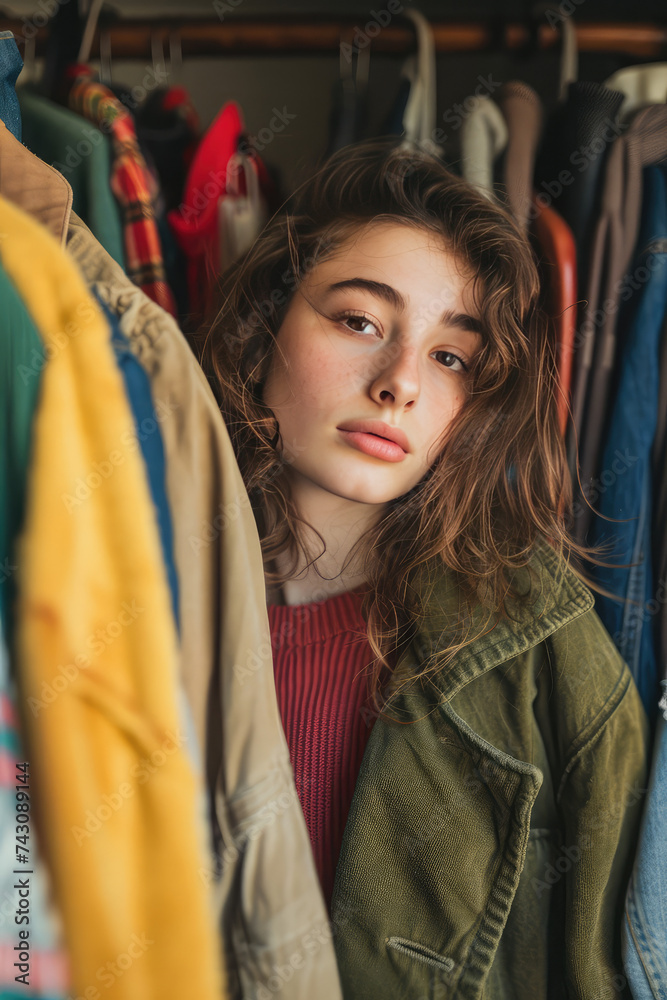 Thoughtful young Woman Browsing in assortment of second-hand clothing on hangers. Young woman shopping, choosing clothes in a retail store.