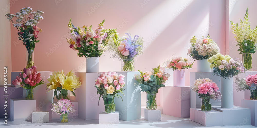 Vibrant sunny Flower Shop Display. Brightly lit florist shop with a variety of fresh flowers. Wallpaper background in cute pastel colors.