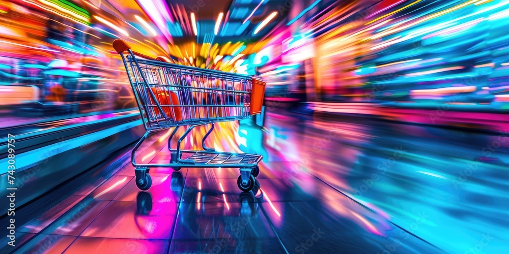 A neon shopping cart in motion on an abstract, colorful background - obrazy, fototapety, plakaty 