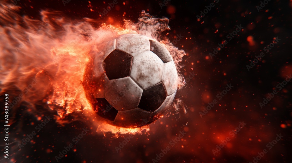 A soccer ball is flying through the air, propelled by a powerful kick on the field