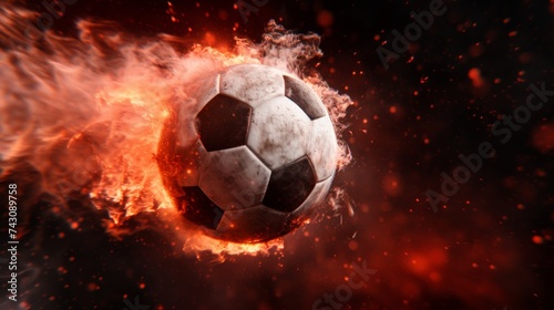 A soccer ball is flying through the air  propelled by a powerful kick on the field