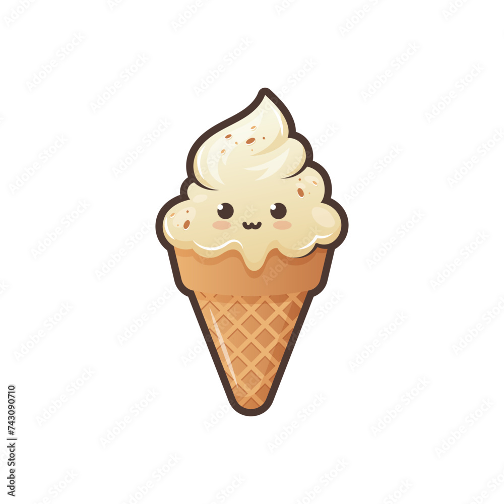 Cute ice cream waffle cone isolated on white background. Kawaii style with funny face. Cartoon sweet character. Vector Illustration. Cute ice cream waffle cone isolated on white background. Kawaii style with funny face. Cartoon sweet character. Vector Illustration.