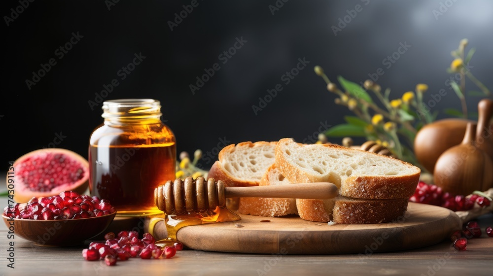 The image features a rustic scene showcasing a wooden cutting board topped with fresh slices of crusty bread, a jar of rich, golden honey with a honey dipper dripping with honey to its side, and open, The image features a rustic scene showcasing a wooden cutting board topped with fresh slices of crusty bread, a jar of rich, golden honey with a honey dipper dripping with honey to its side, and open,