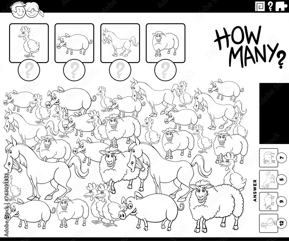 counting activity with cartoon farm animals coloring page