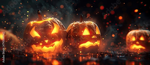 A collection of carved pumpkins, sitting on top of a table, casting a magical glow against a mysterious black background. Each pumpkin is uniquely designed and intricately carved, adding a festive