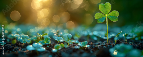 Field of clovers with single shamrock isolated on soft focus bokeh. Saint Patrick’s day background. Festive happy holidays St. Paddy's greeting card, invitation, promotion or banner backdrop. 8k