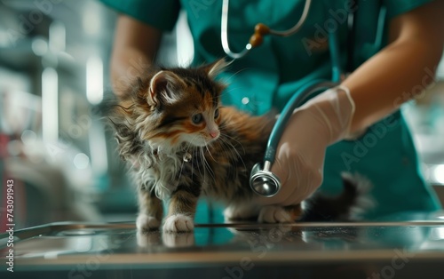 Female Veterinarian in Scrubs Performing a Checkup on a Calico Kitten with a Stethoscope in a Veterinary Clinic