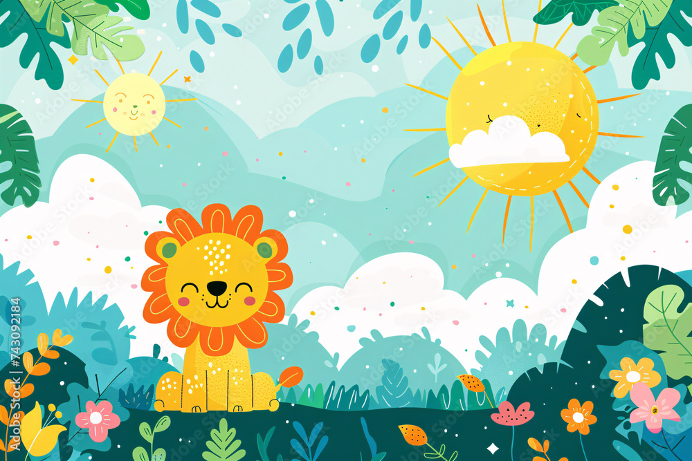 Illustrated smiling lion in a sunny jungle setting with plants