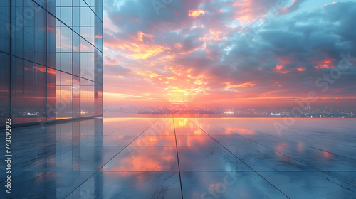 sunset in the city,
A view of the sunset from inside a glass building