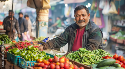 A cheerful elderly vegetable vendor smiling at a vibrant fruit and vegetable market,ai generated