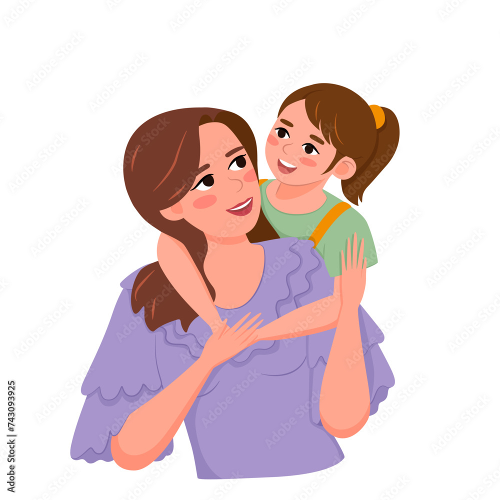 Woman and daughter embrace and are happy together. Girl smiling at her mother. Mothers Day greeting card template, flat vector Woman and daughter embrace and are happy together. Girl smiling at her mother. Mothers Day greeting card template, flat vector