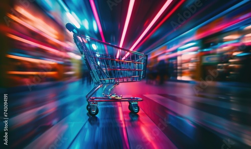 A neon shopping cart in motion on an abstract, colorful background