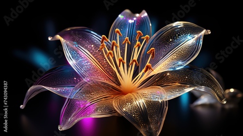 Neon gradient light yellow, purple and gold art of a sundrop lily on black background with stars photo