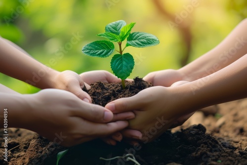 Diverse Hands Cradling Young Plant Against Blurred Background