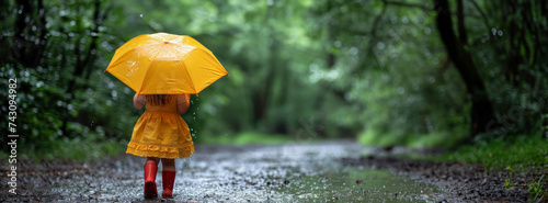 A little girl walks in the rain in the park. Spring rainy mood.