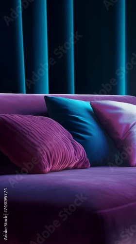 Purple Couch with Pillows in a Dark Room with Curtains
