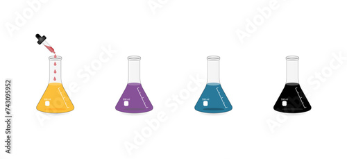 Iodine test for starch results, chemical experiment. Biology, chemistry. Vector illustration.