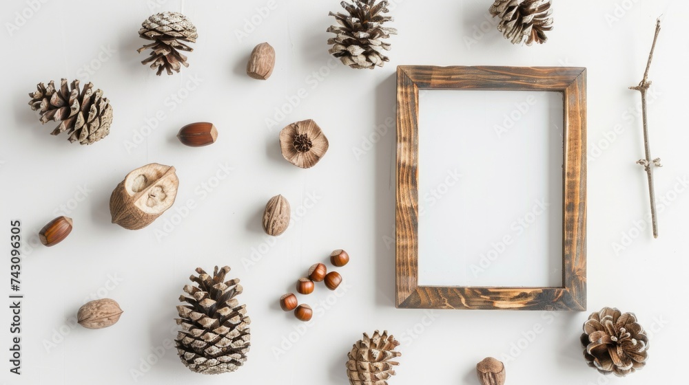 Autumnal Flat Lay of Pine Cones, Nuts, and Wooden Frame