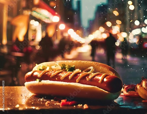 A hotdog is an iconic snack consisting of a sausage in a bun, typically adorned with various flavorful condiments and sauces. AI generation.
