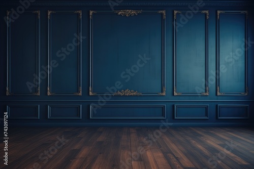 A mock up of a navy blue classic wall with dark brown parquet. Antique wood panels style, wainscot, golden ornaments. Elegant interior. Empty room. Indigo blue wall background.