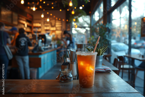 A cold iced tea sits on a wooden table, inviting relaxation in a serene cafe environment as city life passes by outside