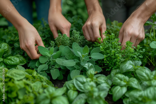 Focused hands work in unison to nurture an array of aromatic herbs, highlighting the personal touch in sustainable horticulture