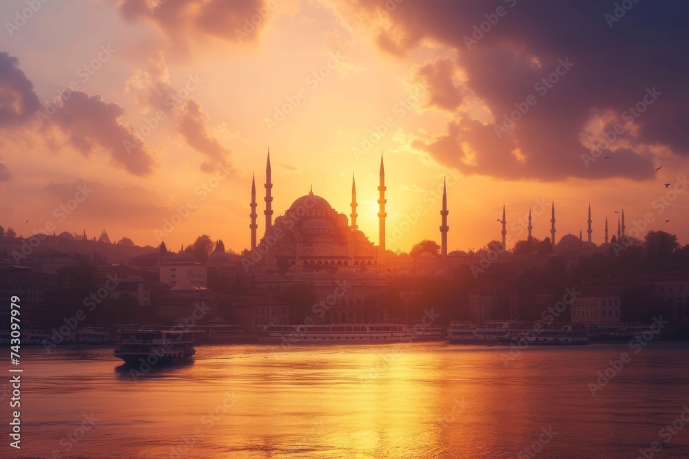 Naklejka premium Sunset Over the Golden Horn and Bosphorus with Istanbul Skyline