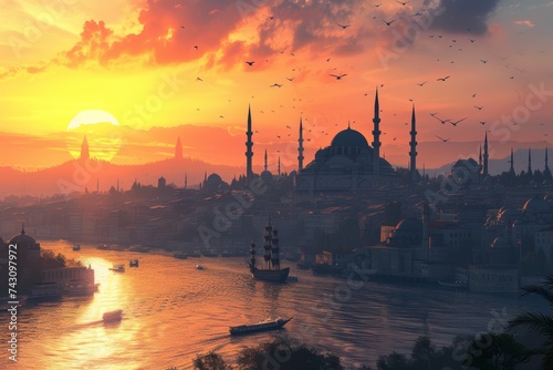 Sunset Over the Golden Horn and Bosphorus with Istanbul Skyline