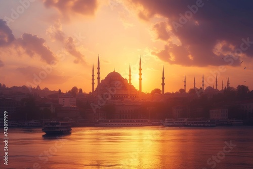 Sunset Over the Golden Horn and Bosphorus with Istanbul Skyline photo