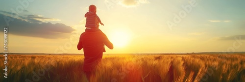 Father with Child on Shoulders Enjoying Sunset in Open Field © bomoge.pl